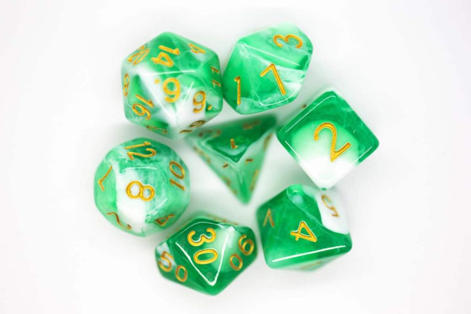 Old School 7 Piece Dice Set Vorpal Cyan & White With Gold Pose 2