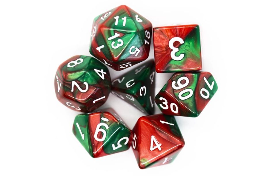 Old School 7 Piece Dice Set Vorpal Blood Red & Green Pose 2