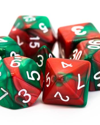 Old School 7 Piece Dice Set Vorpal Blood Red & Green Pose 1