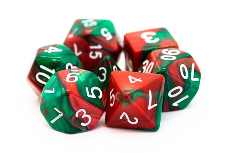 Old School 7 Piece Dice Set Vorpal Blood Red & Green Pose 1