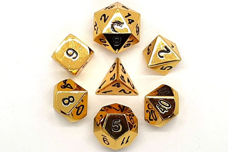 Old School 7 Piece Dice Set Metal Dice Halfling Forged Shiny Gold Pose 2