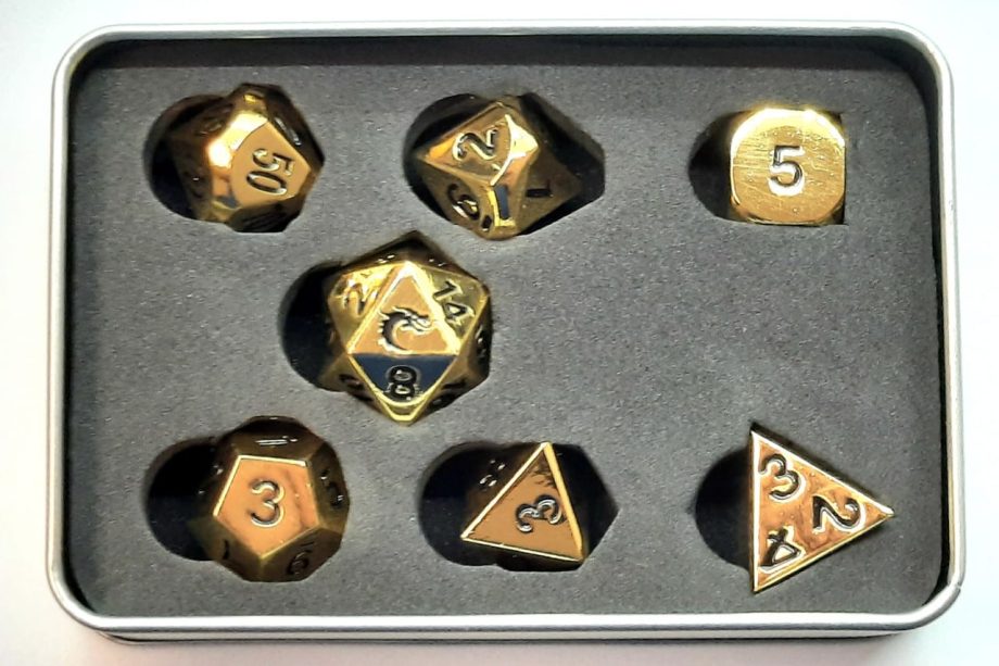 Old School 7 Piece Dice Set Metal Dice Halfling Forged Shiny Gold Pose 3