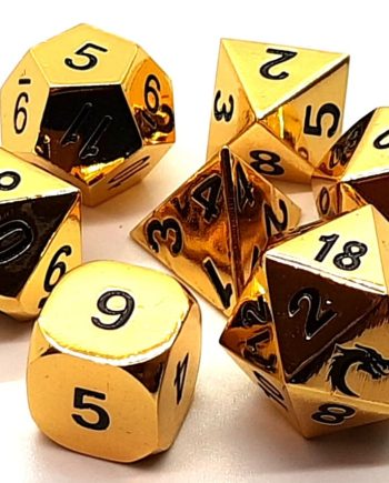 Old School 7 Piece Dice Set Metal Dice Halfling Forged Shiny Gold Pose 1