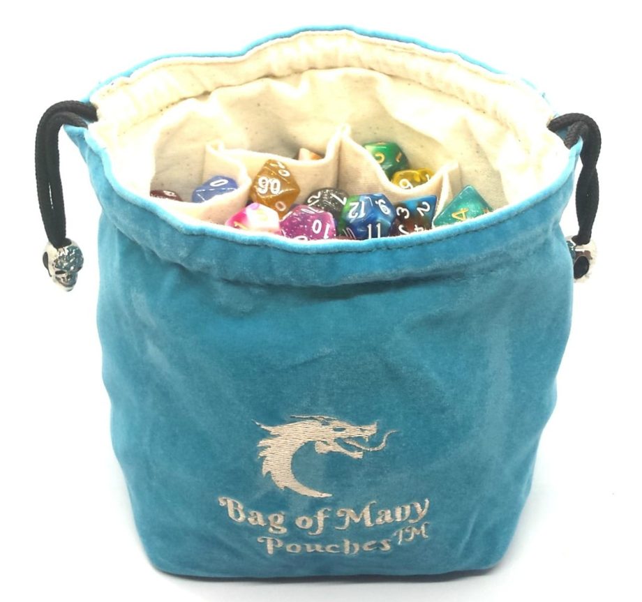 Old School RPG Dice Bag of Many Pouches Teal Pose 2