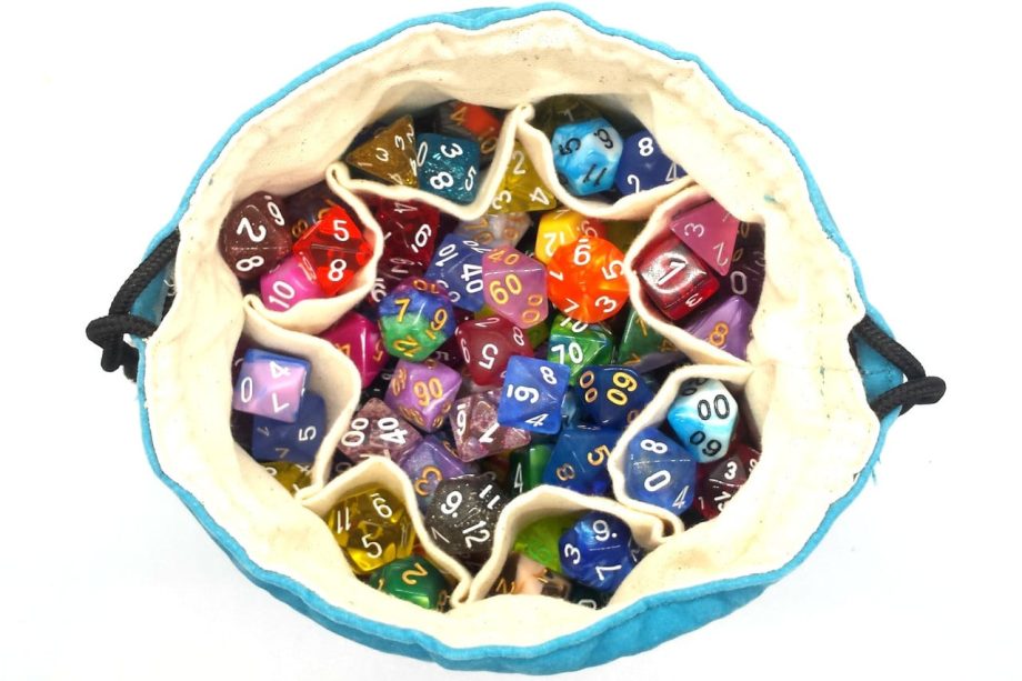 Old School RPG Dice Bag of Many Pouches Teal Pose 4