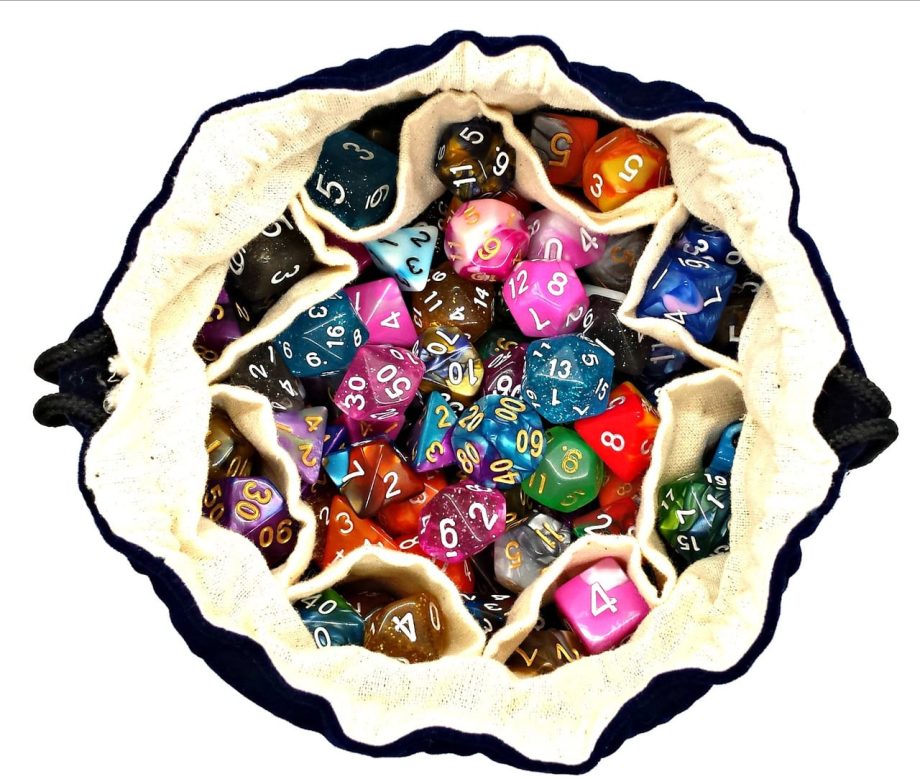 Old School RPG Dice Bag of Many Pouches Blue Pose 4