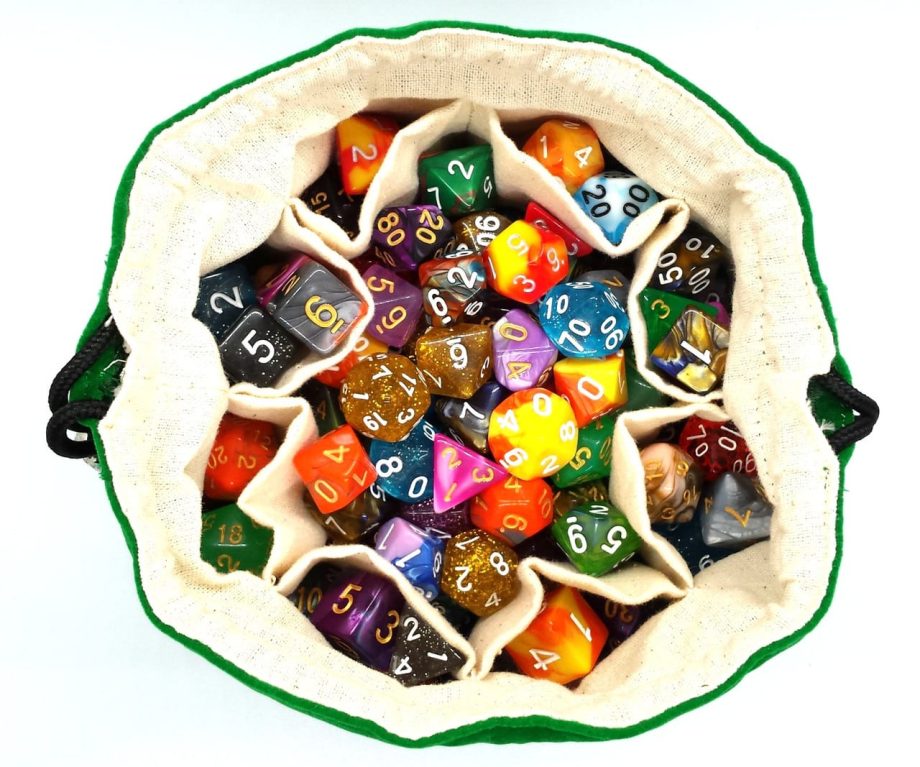 Old School RPG Dice Bag of Many Pouches Green Pose 4