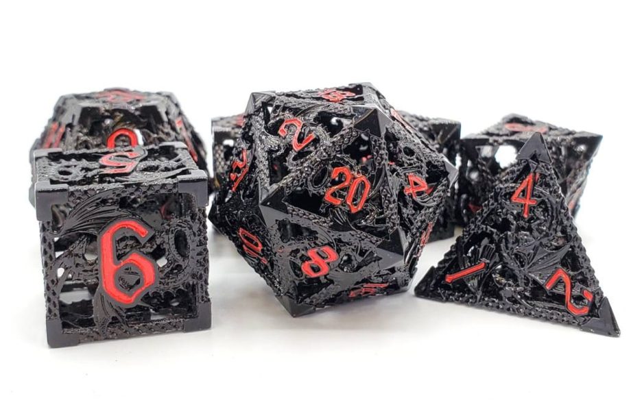 Old School 7 Piece Dice Set Metal Dice Hollow Dragon Dice Black With Red Pose 2