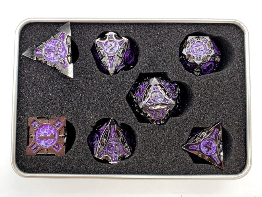 Old School 7 Piece Dice Set Metal Dice Gnome Forged Black Nickel With Purple Pose 2