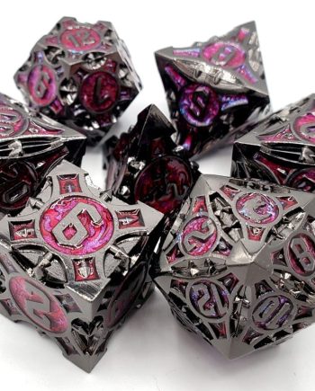 Old School 7 Piece Dice Set Metal Dice Gnome Forged Black Nickel With Red Pose 1