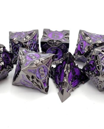 Old School 7 Piece Dice Set Metal Dice Gnome Forged Black Nickel With Purple Pose 1