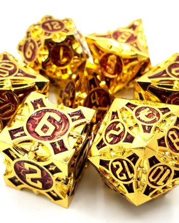 Old School 7 Piece Dice Set Metal Dice Gnome Forged Gold With Purple Pose 1