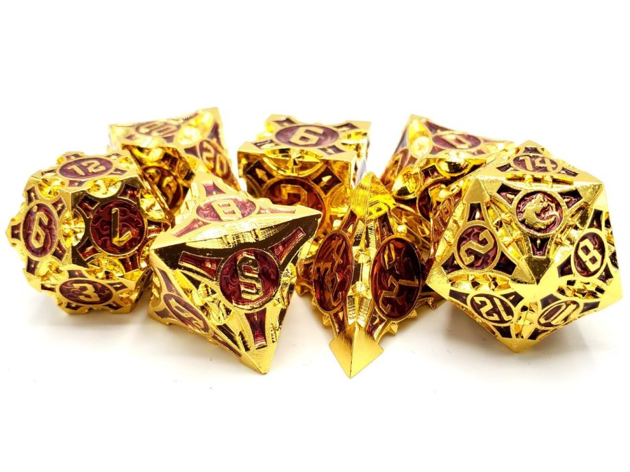 Old School 7 Piece Dice Set Metal Dice Gnome Forged Gold With Purple Pose 2