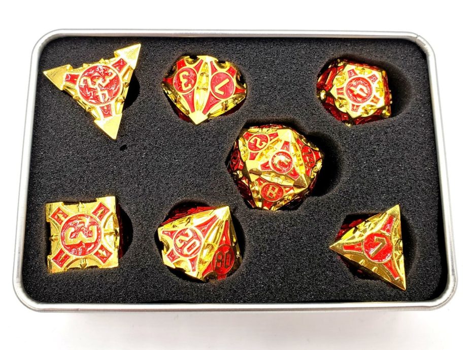 Old School 7 Piece Dice Set Metal Dice Gnome Forged Gold With Red Pose 3
