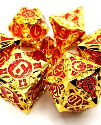 Old School 7 Piece Dice Set Metal Dice Gnome Forged Gold With Red Pose 1