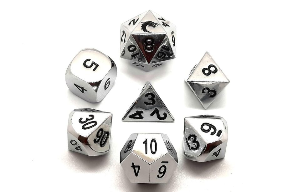 Old School 7 Piece Dice Set Metal Dice Halfling Forged Shiny Silver Pose 2