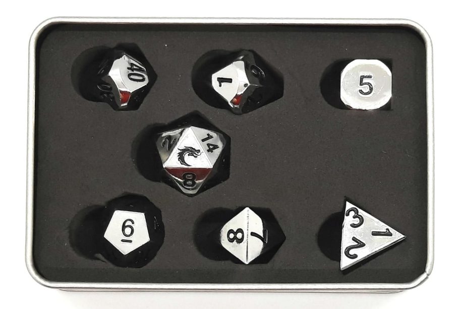 Old School 7 Piece Dice Set Metal Dice Halfling Forged Shiny Silver Pose 3