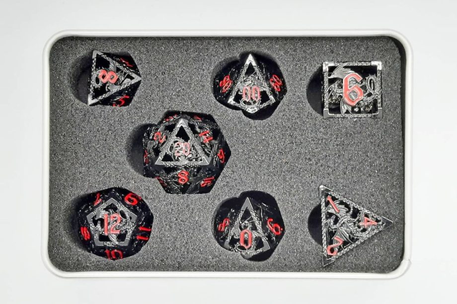 Old School 7 Piece Dice Set Metal Dice Hollow Dragon Dice Black With Red Pose 3