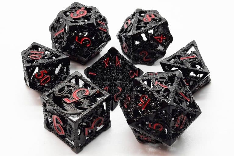 Old School 7 Piece Dice Set Metal Dice Hollow Dragon Dice Black With Red Pose 1