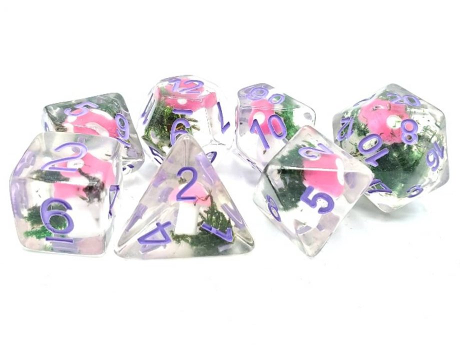 Old School 7 Piece Dice Set Infused Pink Shrooms Pose 2