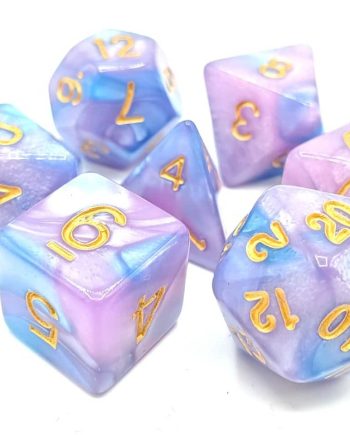 Old School 7 Piece Dice Set Vorpal Lilac & Light Blue With Gold Pose 1