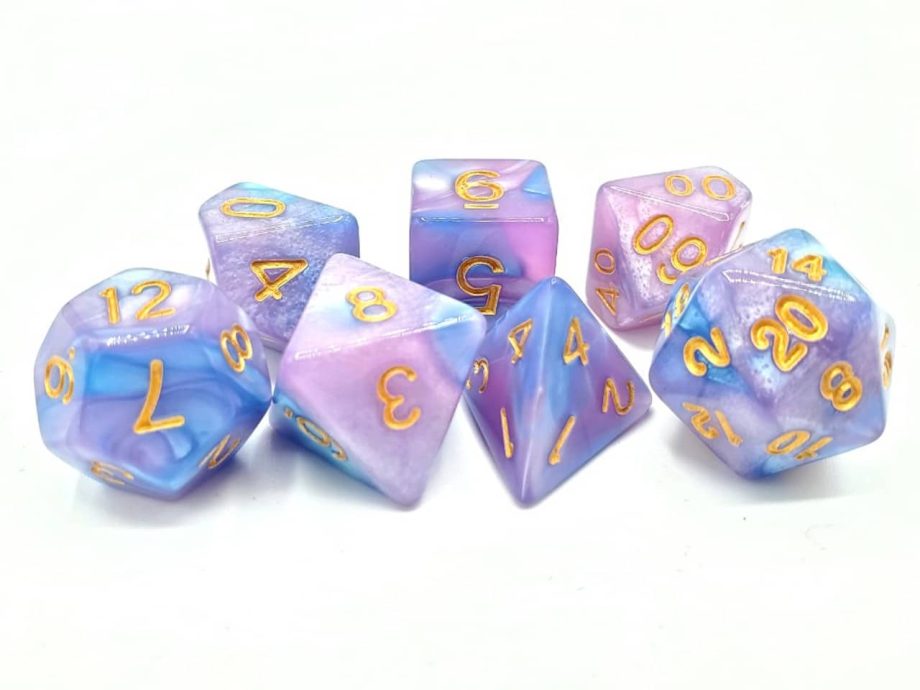 Old School 7 Piece Dice Set Vorpal Lilac & Light Blue With Gold Pose 2