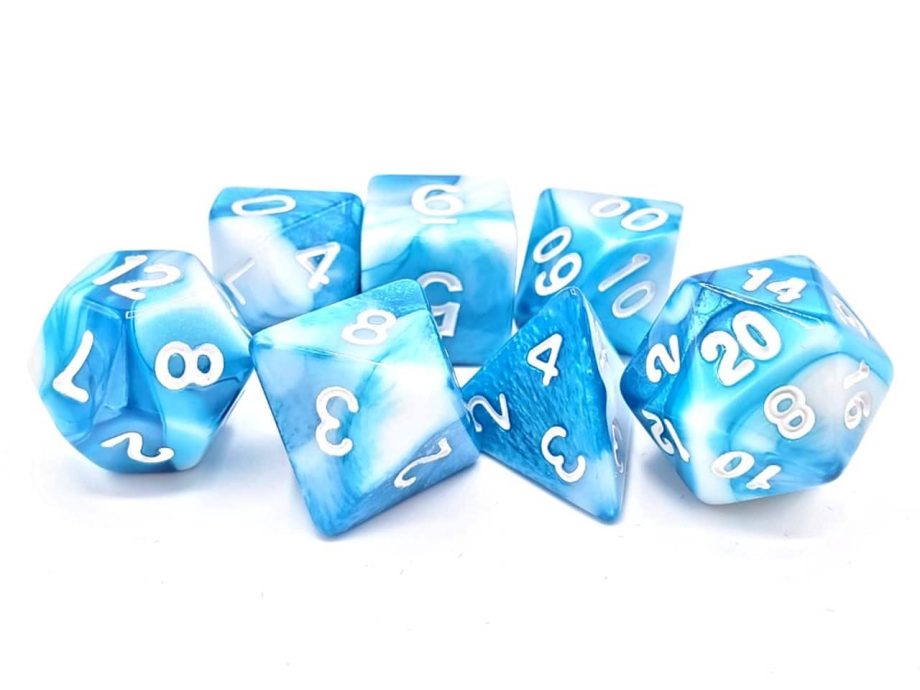 Old School 7 Piece Dice Set Vorpal Baby Blue & White With White Pose 2