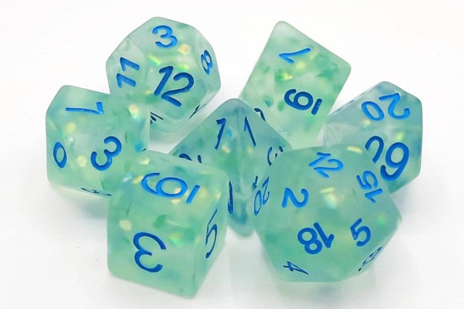Old School 7 Piece Dice Set Infused Frosted Firefly Cyan Pose 1