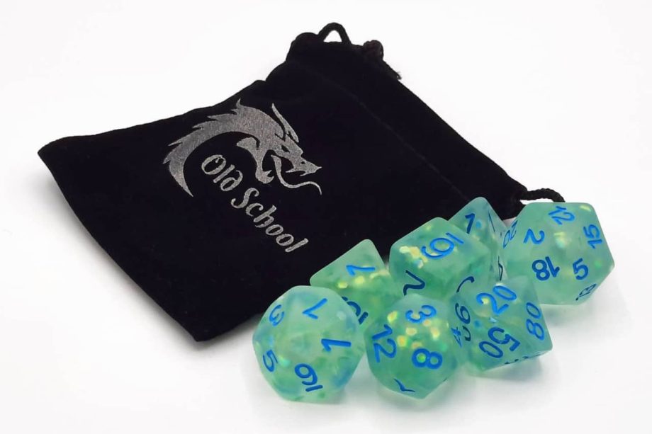 Old School 7 Piece Dice Set Infused Frosted Firefly Cyan Pose 2