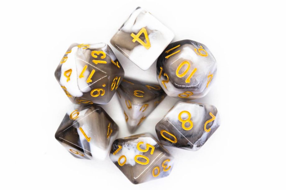 Old School 7 Piece Dice Set Vorpal Black & White With Gold Pose 2