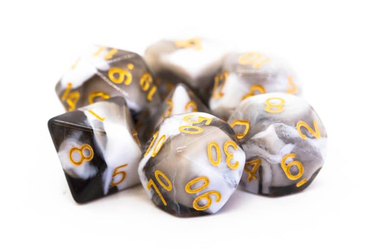 Old School 7 Piece Dice Set Vorpal Black & White With Gold Pose 1