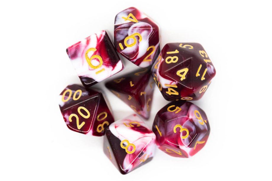 Old School 7 Piece Dice Set Vorpal Blood Red & White With Gold Pose 2