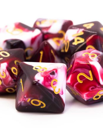 Old School 7 Piece Dice Set Vorpal Blood Red & White With Gold Pose 1