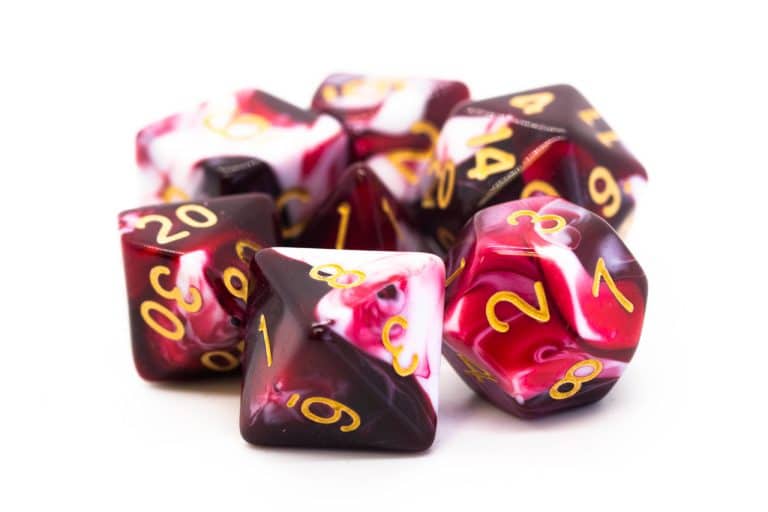 Old School 7 Piece Dice Set Vorpal Blood Red & White With Gold Pose 1