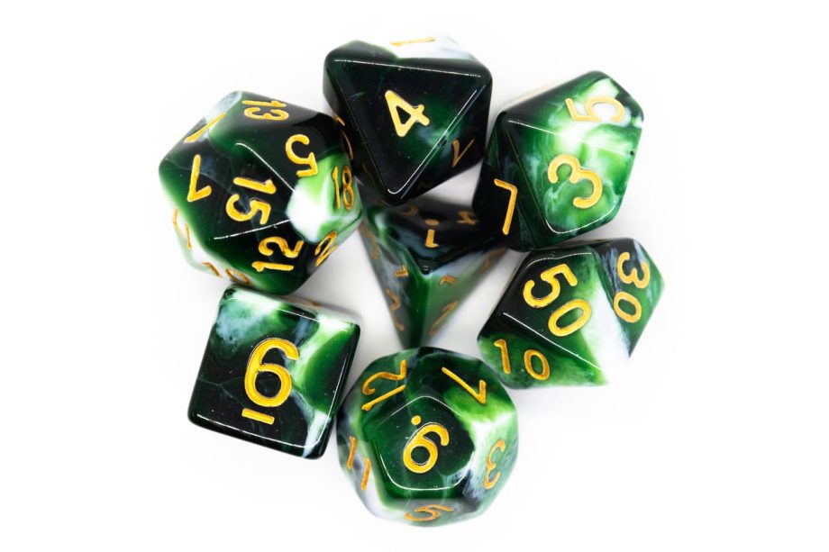 Old School 7 Piece Dice Set Vorpal Green & White With Gold Pose 2