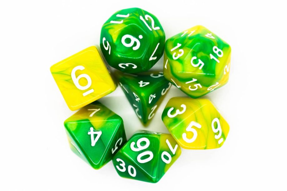 Old School 7 Piece Dice Set Vorpal Green & Yellow Pose 2