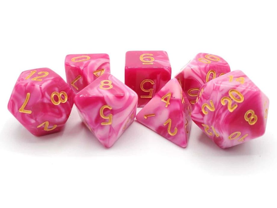 Old School 7 Piece Dice Set Vorpal Rose Red & White With Gold Pose 2