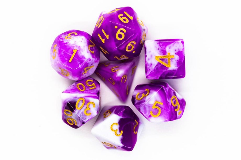 Old School 7 Piece Dice Set Vorpal Purple & White With Gold Pose 2
