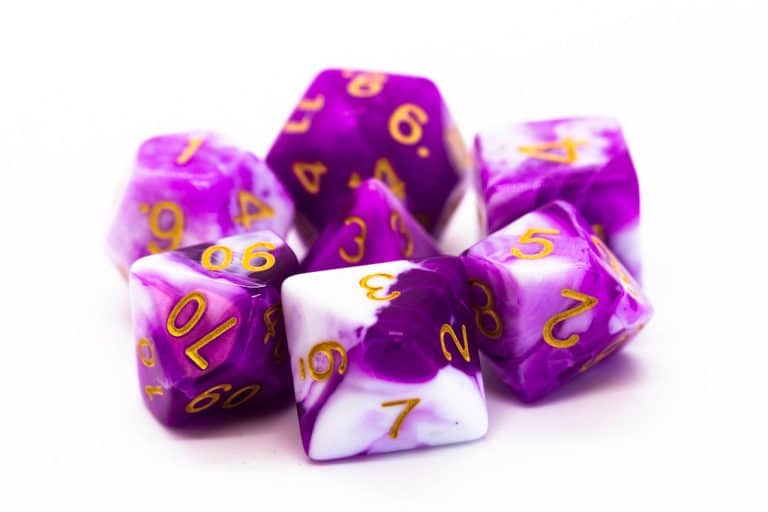 Old School 7 Piece Dice Set Vorpal Purple & White With Gold Pose 1