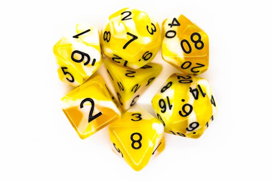 Old School 7 Piece Dice Set Vorpal Yellow & White With Black Pose 2