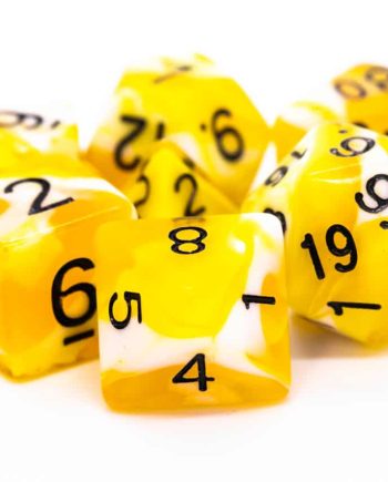 Old School 7 Piece Dice Set Vorpal Yellow & White With Black Pose 1