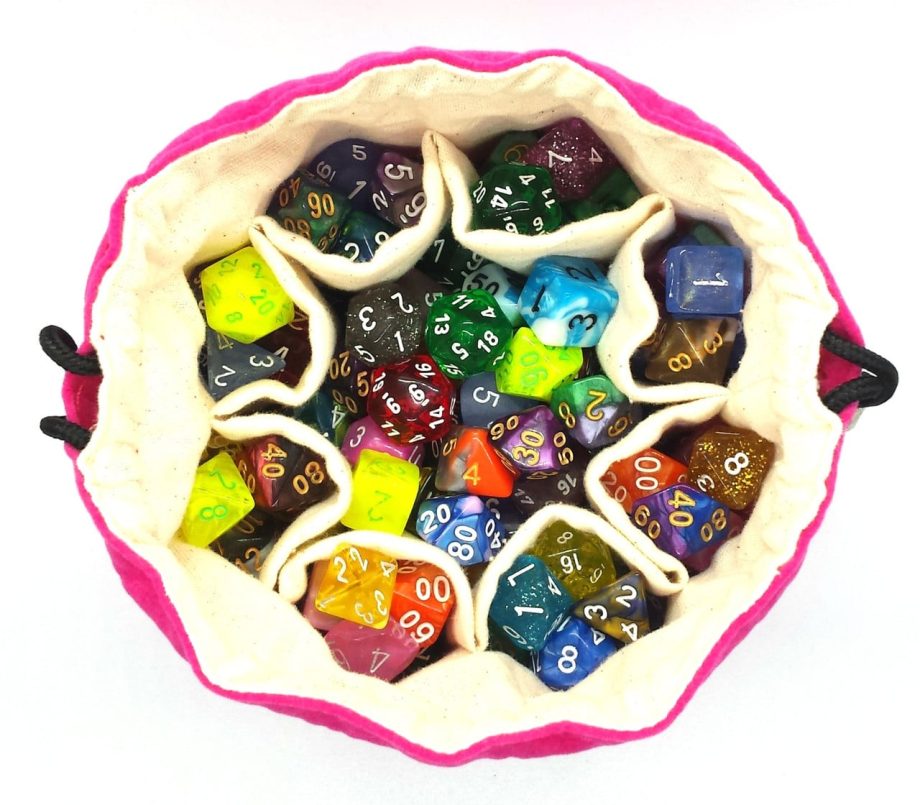 Old School RPG Dice Bag of Many Pouches Pink Pose 4