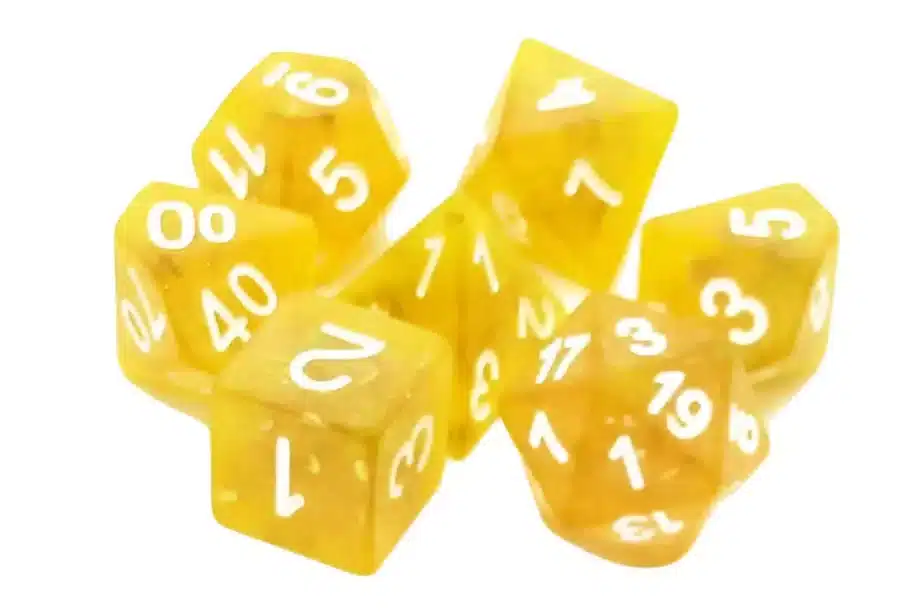 Old School 7 Piece Dice Set Infused Frosted Firefly Yellow w/ White
