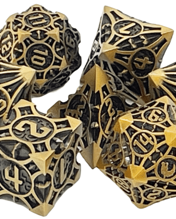 Old School 7 Piece Dice Set Metal Dice Gnome Forged Ancient Gold Pose 1