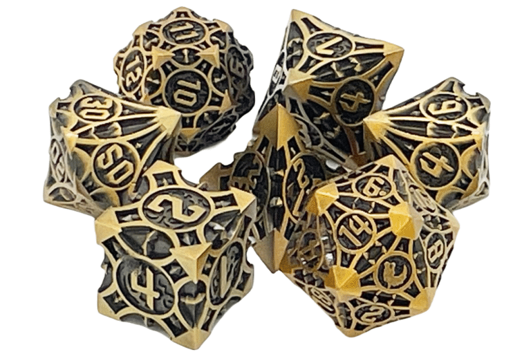 Old School 7 Piece Dice Set Metal Dice Gnome Forged Ancient Gold Pose 1