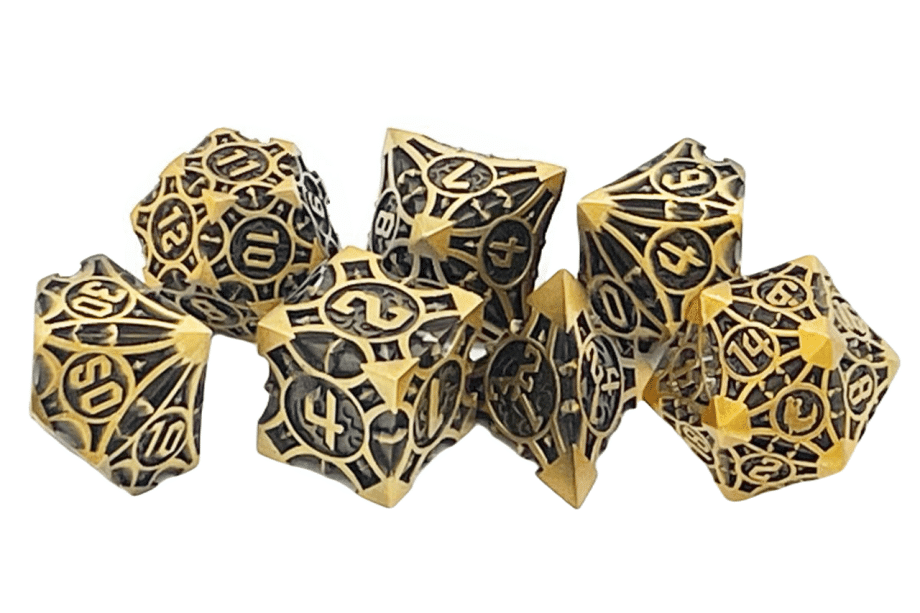 Old School 7 Piece Dice Set Metal Dice Gnome Forged Ancient Gold Pose 2