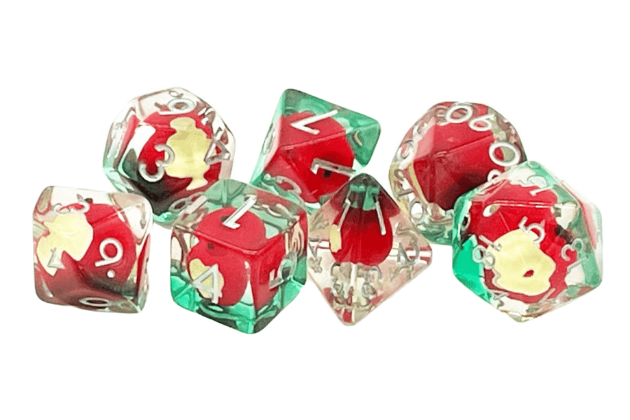 Old School 7 Piece Dice Set Infused An Apple a Day Pose 2