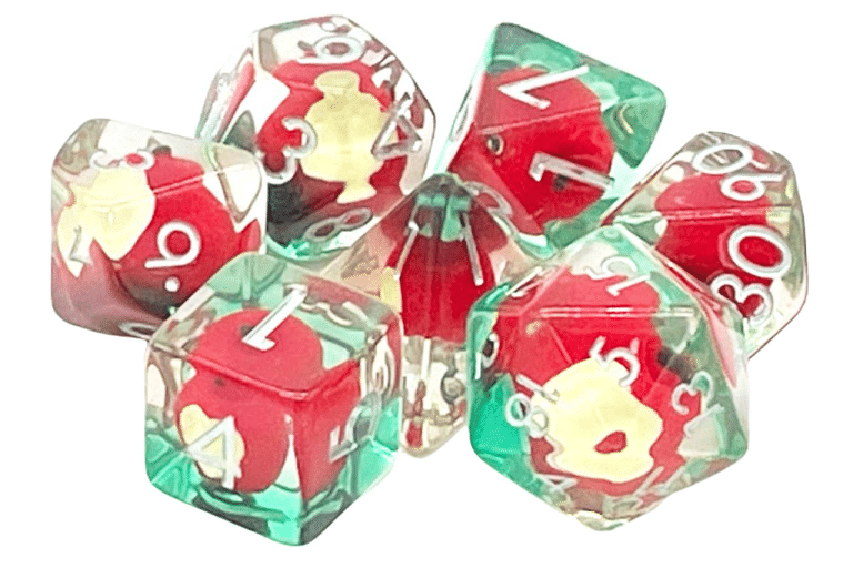Old School 7 Piece Dice Set Infused An Apple a Day Pose 1