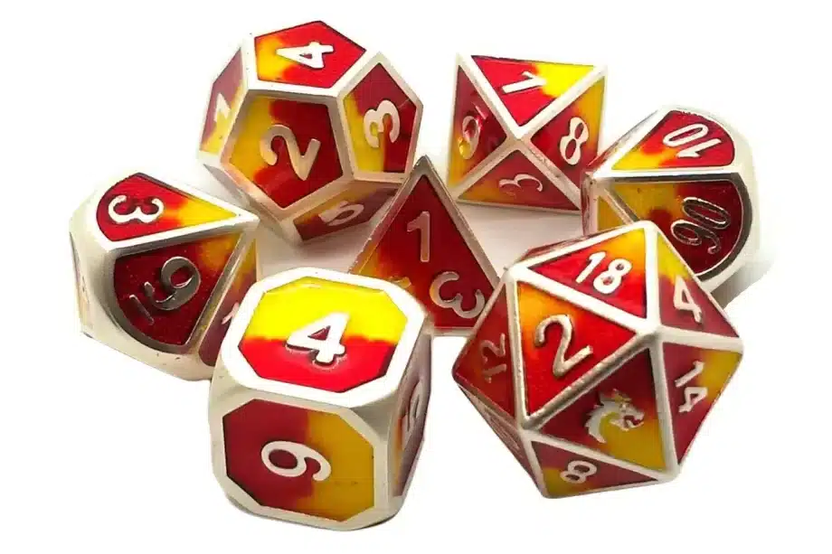 Old School 7 Piece Dice Set Metal Dice Dragon Forged Platinum Red & Yellow Pose 1