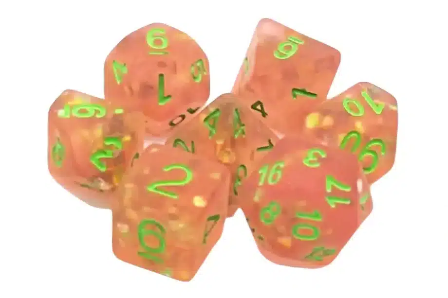 Old School 7 Piece Dice Set Infused Frosted Firefly Pink w/ Green
